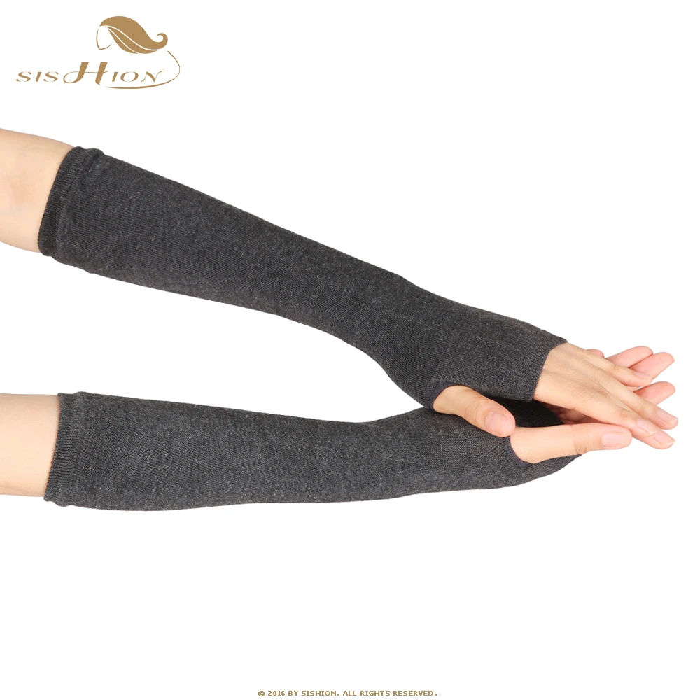 Dark gray SISHION осенние женские гетры для запястья рук SP0527 вязаные перчатки без пальцев с длинным рукавом мягкие полосатые налокотники перчатки - Цвет: Dark gray