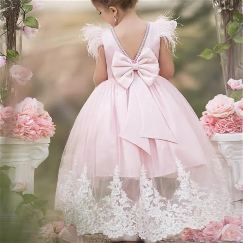 Pink Puffy Tulle White Lace Flower Girl Dress for Wedding V Back Big Bow Feather Sleeves Kids Birthday Dress Girls Pageant Gown