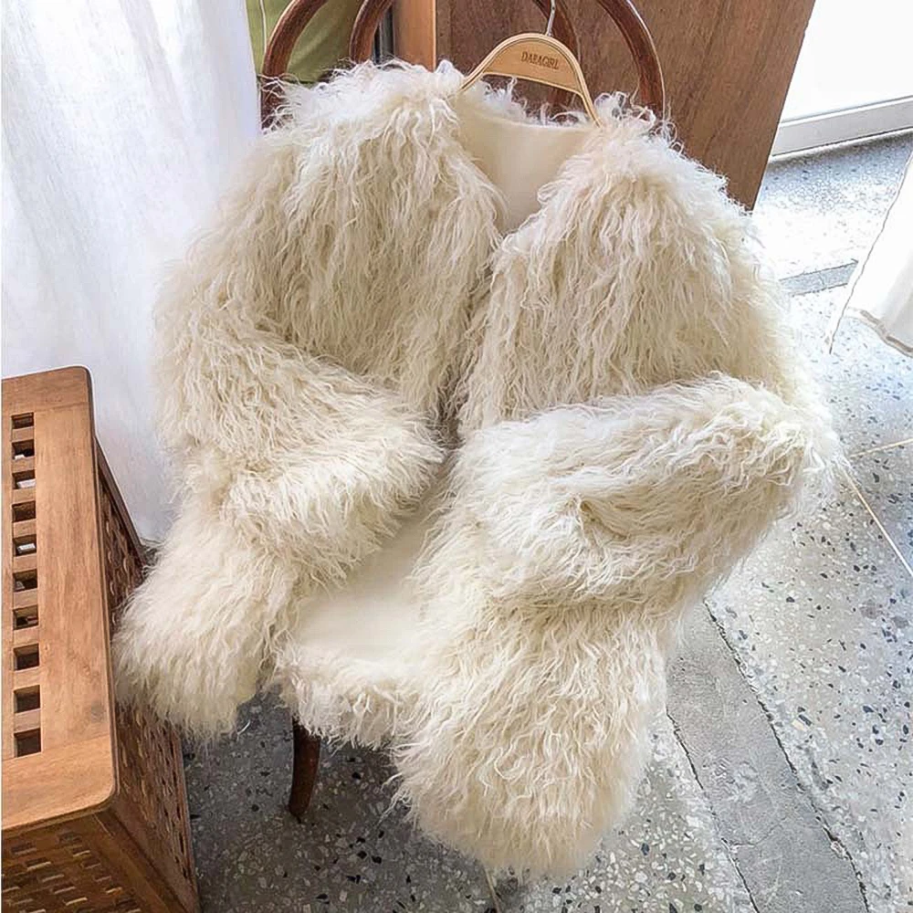 Winter Mongolia Sheep Fur Coat Women Warm Faux Fur Coats Fluffy Furry Wool Jacket Sexy Outerwear Ladies Fur Overcoat Outerwear
