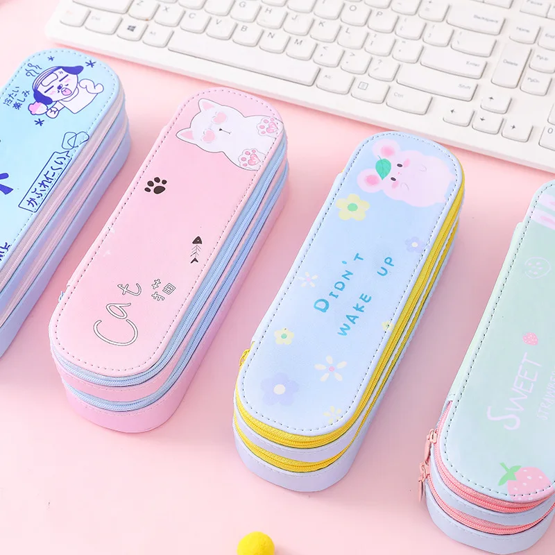 Kawaii мультяшный портативный двухслойный PU пенал большая емкость косметичка для