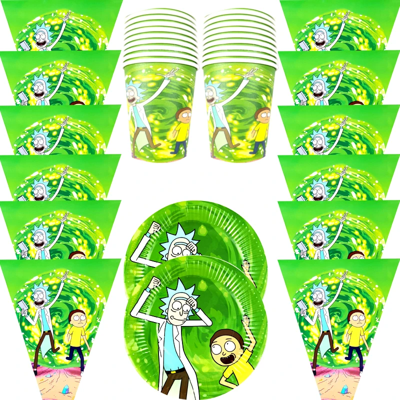 

120pcs/lot Happy Birthday Party Rick And Morti Theme Plates Kids Boys Favors Cups Banner Baby Shower Decorate Bunting Dishes