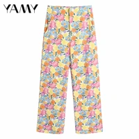 yamyi summer autumn womens fashion casual pants trousers high waist floral print za traf capris pantalones mujer long pants 2021