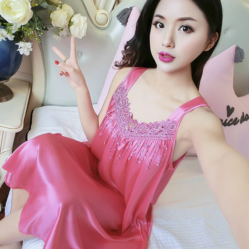 Женские сексуальные шелковые ночные рубашки Дамские кружевные длинные Пижамы 2019