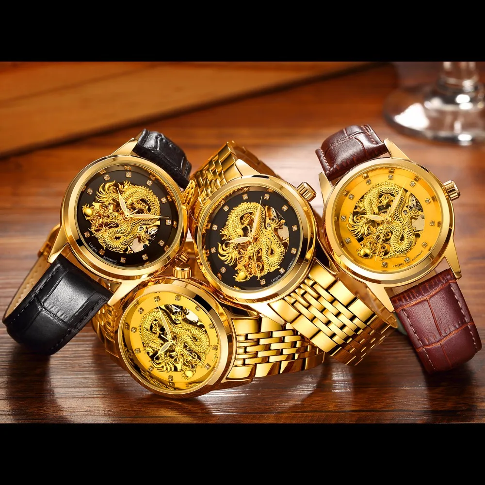 

LANGLEY New Men's Skeleton Automatic Mechanical Watches Stainless Steel Genuine Leather Top Luxury Brand Male Dragon Wristwatch