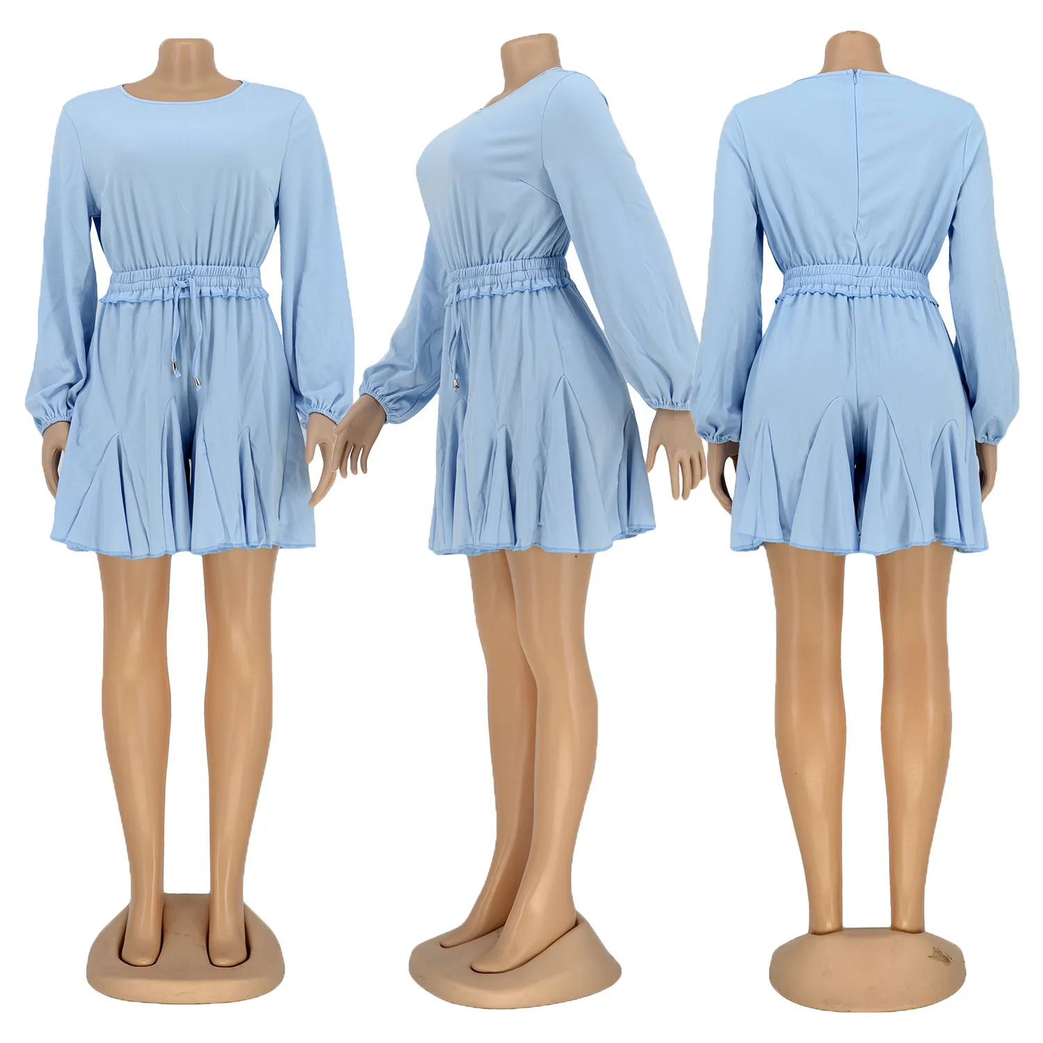 

Charming Lantern Sleeve Women Mini Dresses 2021 Autumn Newest O-neck High Waist Sashes Lace-up Pleated A-line Ruffles Dress