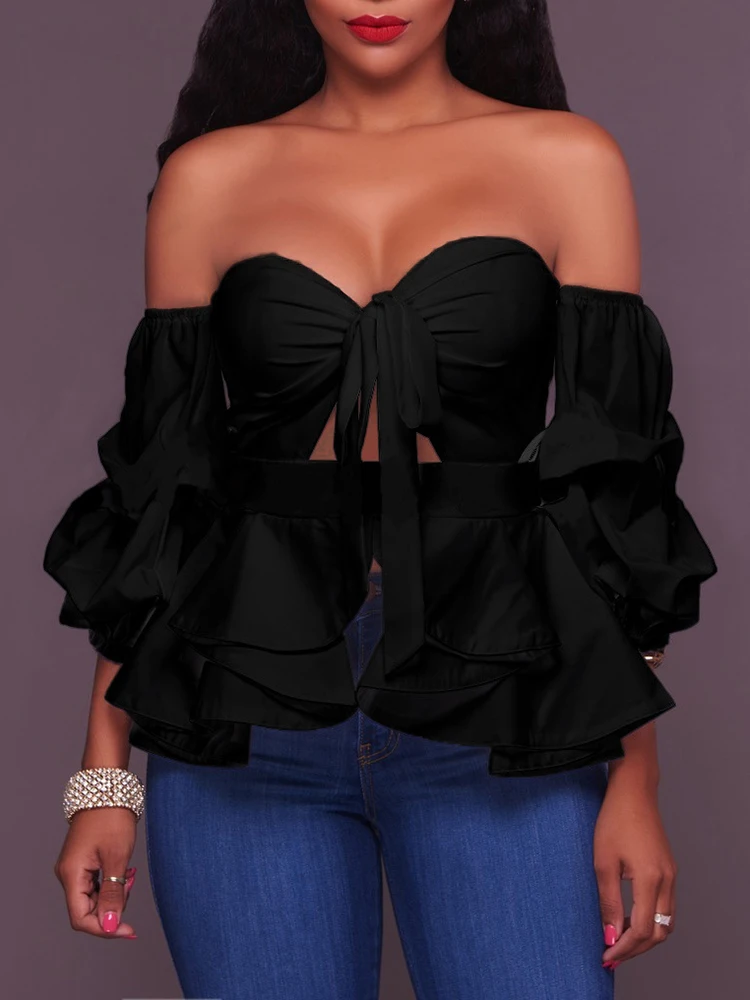 

2020 Women Autumn Spring Chic Elegant Off Shoulder Tie Front Ruffles Top
