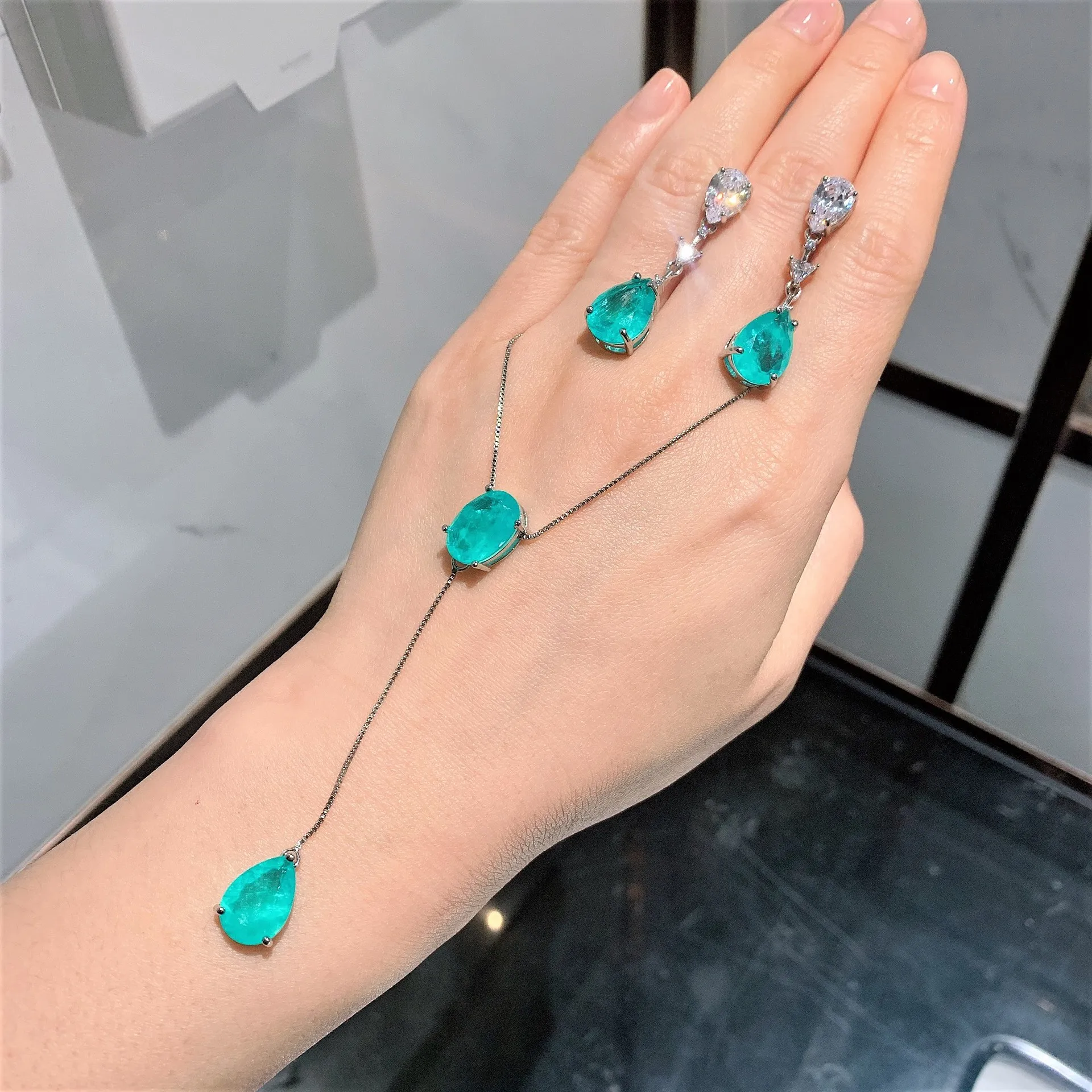

2021 New 925 Sterling Silver Paraiba Tourmaline Gemstone Long Pendant Necklace Drop Earrings Wedding Fine Jewelry Set for Women