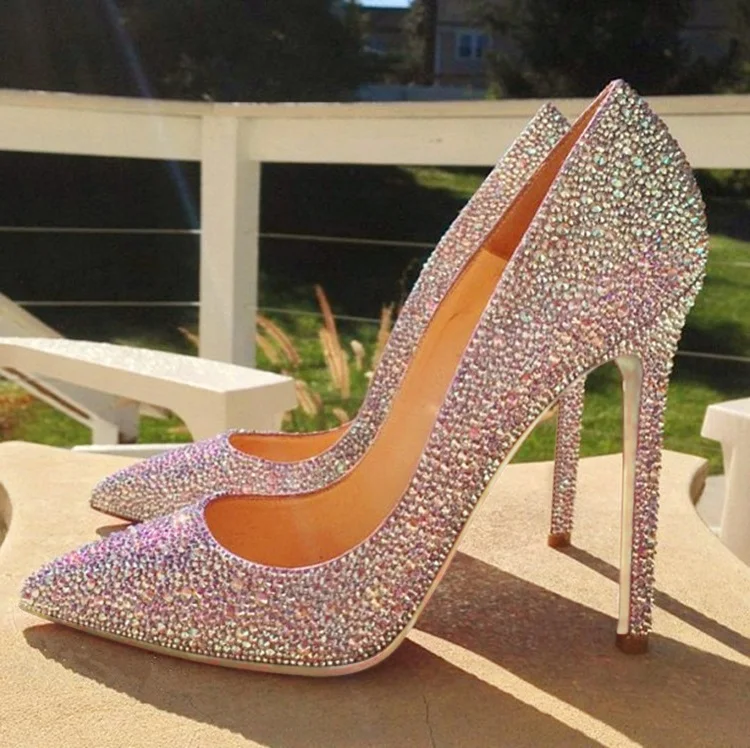 

Elegant Silver Crystal High Heel Shoes Bling Bling Rhinestone Wedding Shoes Bride Pointed Toe Slip-on Lady Pumps
