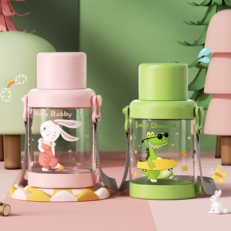 

1000ml Cute Cartoon Plastic Water Cup with Rope Large-Capacity Portable Outdoor Water Bottle Kawaii Direct Drinking Water Cup