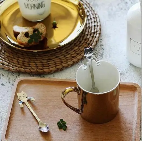 

Hot sale Cute Cat Teaspoons Stainless Steel Cartoon Cat spoons Creative Ice Cream Dessert Long Handle Coffee&Tea Spoon Tableware