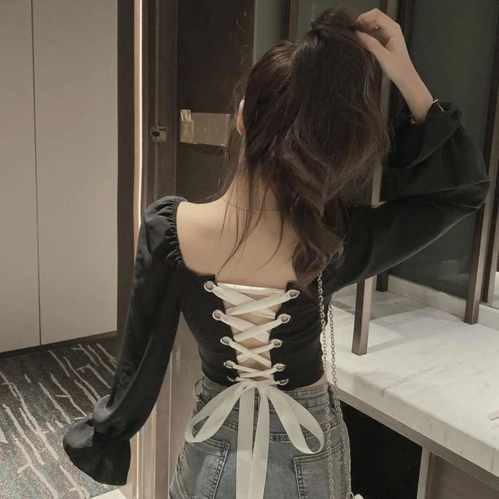 

Women Fashion Sexy Off Shoulder Puff Sleeve Bouse Backless Back bandage Hollow Crop Top Party Club Blouse