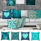 Бирюзовый синий чехол для подушки, с геометрическими листьями, с сердцем, для дивана, домашнего декора, декоративные подушки для автомобиля, аксессуары для подушки