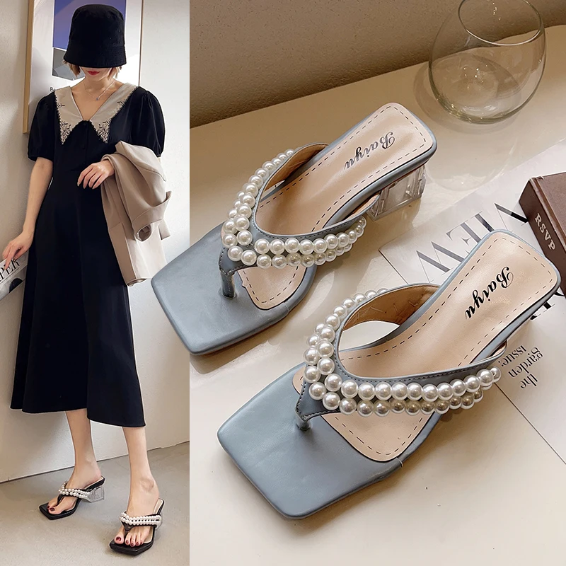 

Glitter Slides Slippers Soft Square Toe High-Heeled Shoes Lady Fashion Rubber Flip Flops String Bead Slipers Women Jelly Comfort