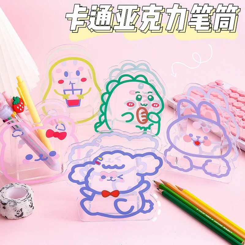 

Kawaii Animals Acrylic Pencil Pen Case Holder Desktop Decor Cute Bear Bunny School Stationery Girl Makeup Brushes Organizer Box