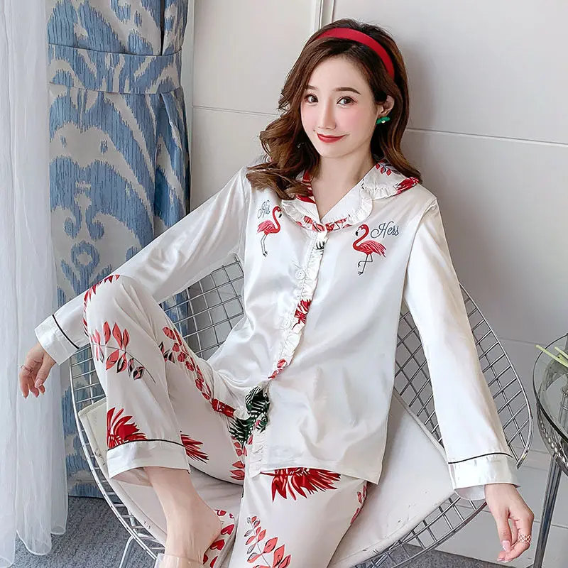 

Ice Silk Pyjamas for Women's Satin Pajama Set Femme Sexy Long Sleeve Casual Sleepwear Nightwear Homewear Pj Set
