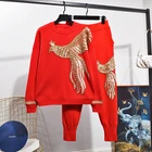Женский трикотажный комплект из двух предметов, красный, черный, серый, белый свитер с блестками и шаровары с Фениксом, спортивный костюм для женщин, вязаный костюм