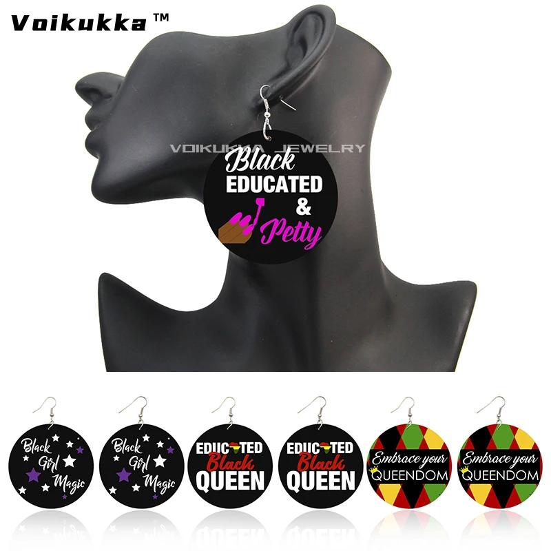 

Voikukka Jewelry Women 6 CM Circle Drop Wood Both Sides Printing B.A.E Black&Educated African Dangle Earrings For Gifts