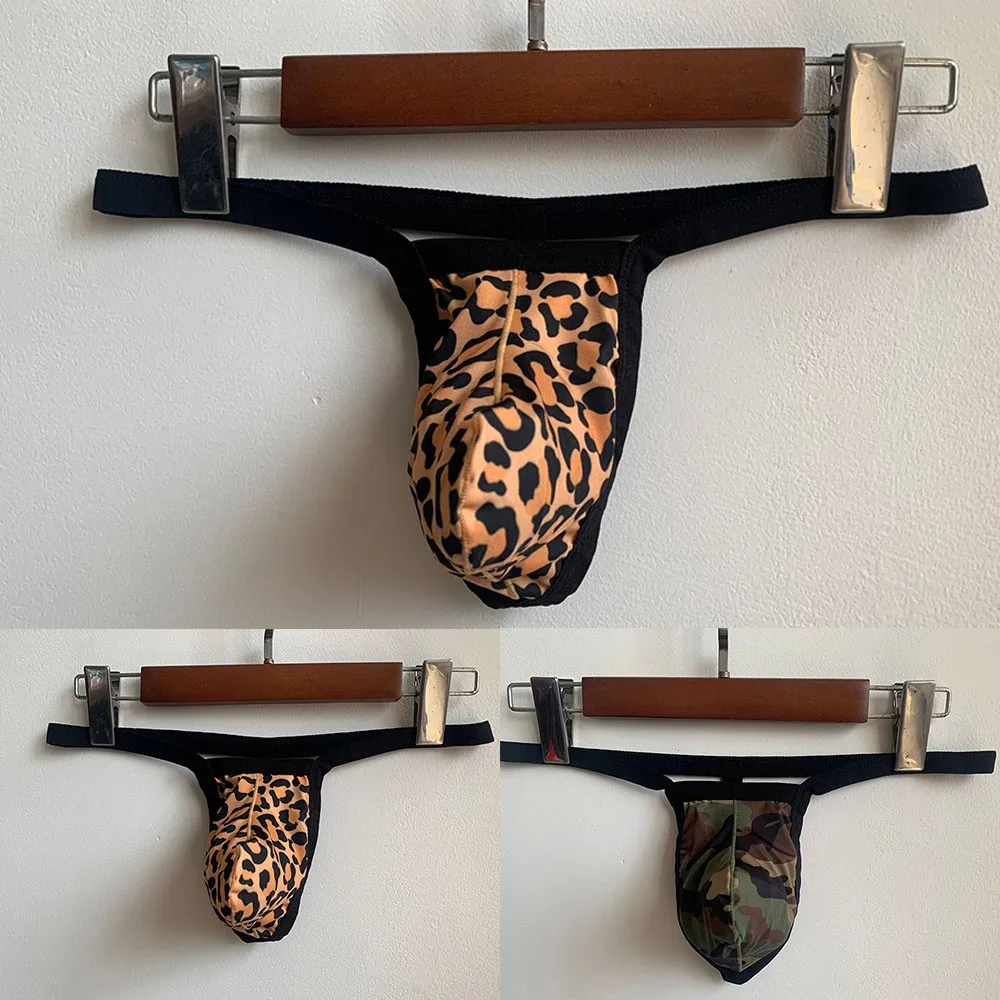 Hot Sexy Lingerie Mens Leopard Bugle Pouch Thong Briefs Low Rise Camouflage Bikini Jockstrap Sissy T-back Underwear Underpants