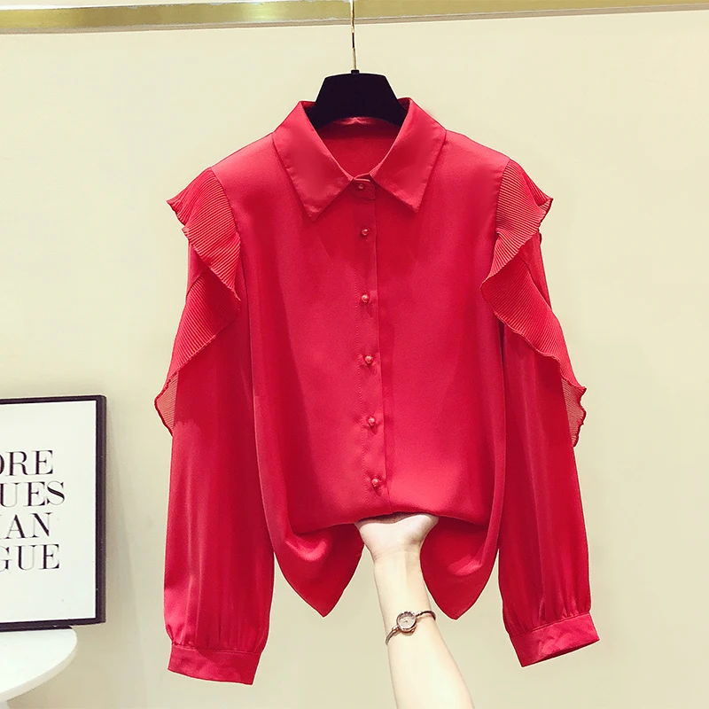 

2021 Spring Autumn New Sweet Lotus Leaf Long Sleeve Chiffon Blouse Shirt Women Loose-Fitting Versatile Blouses Lady Basic Shirt