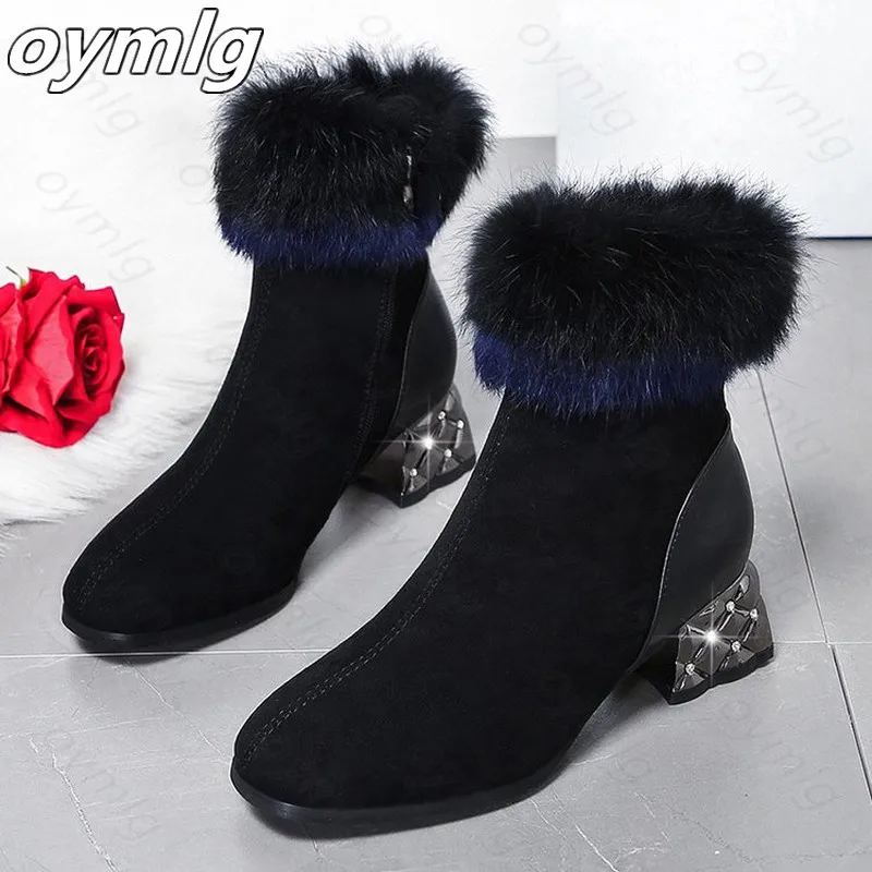 

Fashion Woman Ankle Boots Warm Plush Flock/PU Leather Handmade Fur Boots Antumn Winter High Heels 5cm Snow Boots Women Shoes