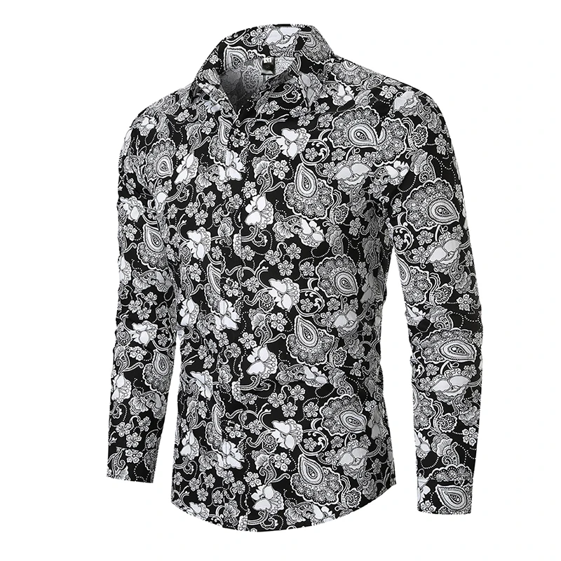 Мужская льняная рубашка с длинным рукавом повседневная приталенная цветочным