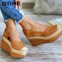 womens solid color suede stitching woven slope heel buckle round toe high heeled fashion trend sexy elegant all matchsjpae 211