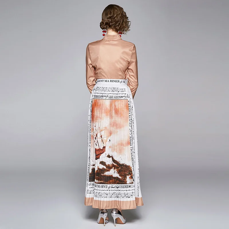 

Fashion Pattern Letter Print 2 Pieces Set Women High Waist Single-Breasted Pleated Autumn Skirt Set Short Sleeve Vintage