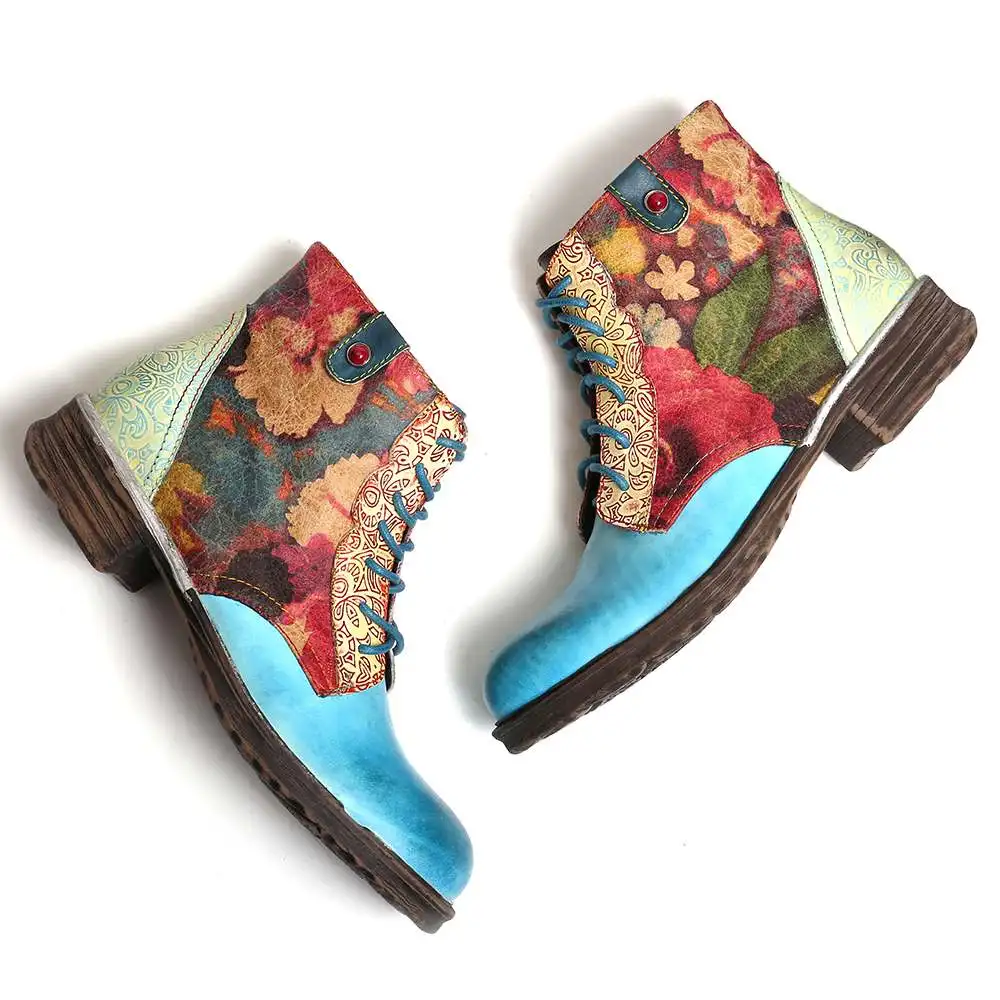 SOCOFY/Botas Mujer; ботинки с цветочным узором из натуральной кожи на молнии; короткие ботинки на плоской подошве со шнуровкой; женская обувь; женская зимняя обувь