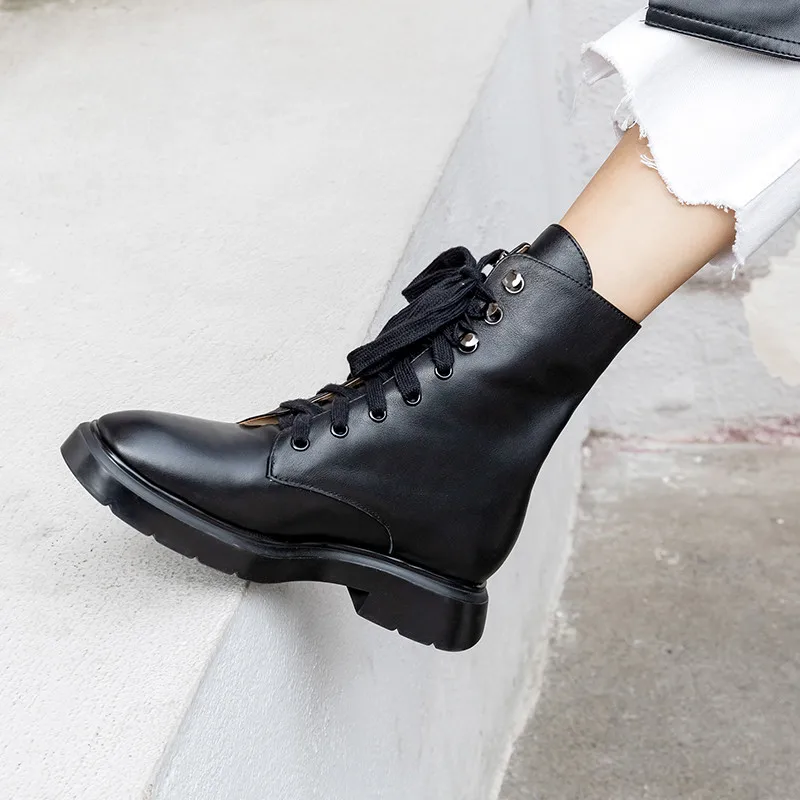 Женские ботильоны на шнуровке FEDONAS Черные Теплые повседневные из натуральной