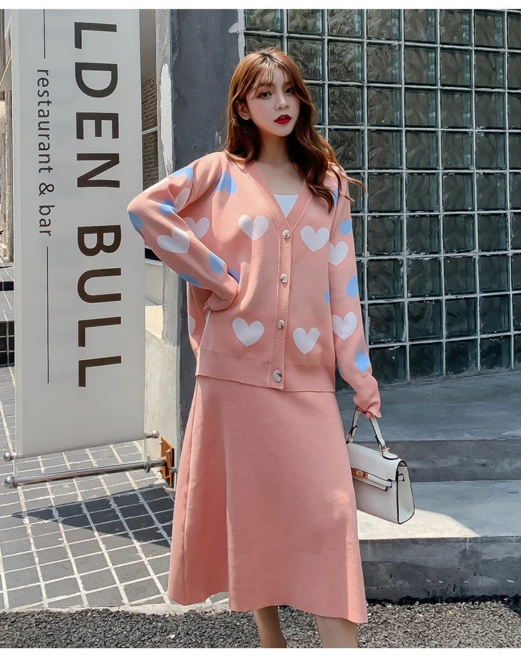 Autumn Winter Women Elegant Love Heart Knitted Cardigan Sweater+High Waist A-Line Skirt 2 Piece Set Loose Knitted Midi Dress Set