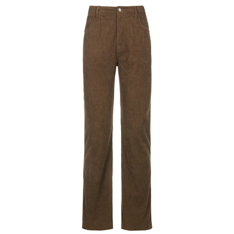 

Streetwear Autumn Casual Corduroy Brown Long Trousers Women Skinny Mid Waist Pants Capris Fashion Thin Y2K 90s Pocket Sweatpants