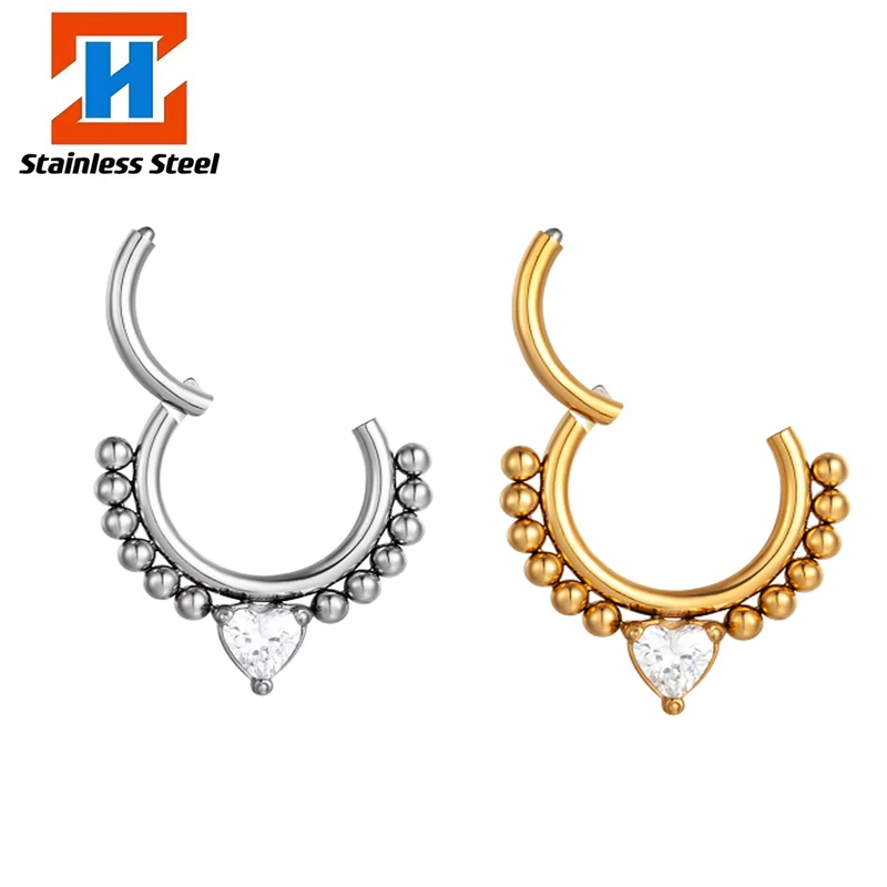 

Surgical Steel Piercing Nose Ring Heart-Shaped Zircon Hinged Segment Earrings Daith Clicker Ear Cartilage Body Piercing Jewelry