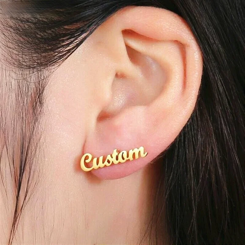 

Custom Name Earrings Stainless Steel Personalized Name Stud Earrings For Women Customize Initial Cursive Nameplate Gift for Her