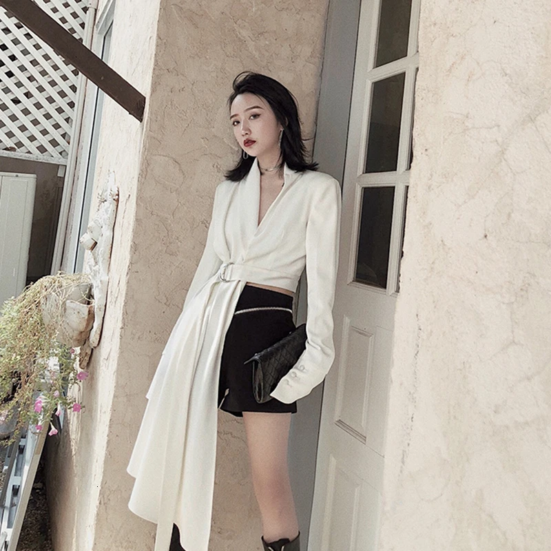 

Female Fashion Jacket For Women V Neck Long Sleeve High Waist With Sashes White Asymmetrical Coats Clothes