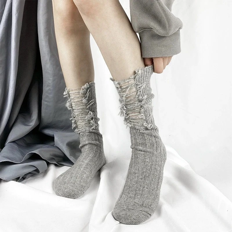 

Women Ripped Stockings Pierced Summer Spring Fashion Ins Knitted Cool Retro Girls Comfortable Black Gray Blue