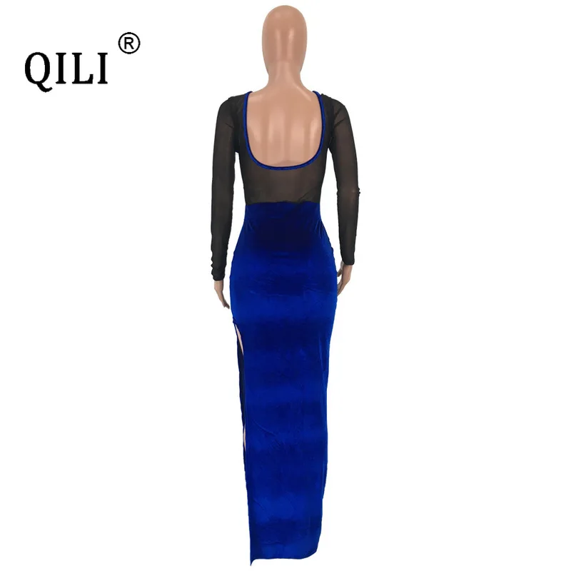 

QILI Velvet Mesh Dress Womens Sexy Split Long Sleeve Party Club Dress Long
