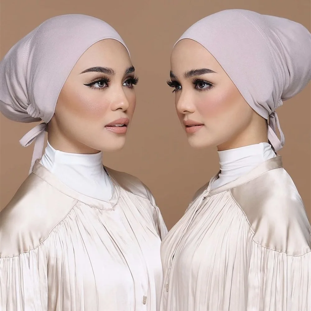 

Women Muslim Headscarf Elastic Tie Back Inner Hijab Turban Hat Caps Cotton Jersey Stretch Underscarf Modal Islamic Turbante Gift