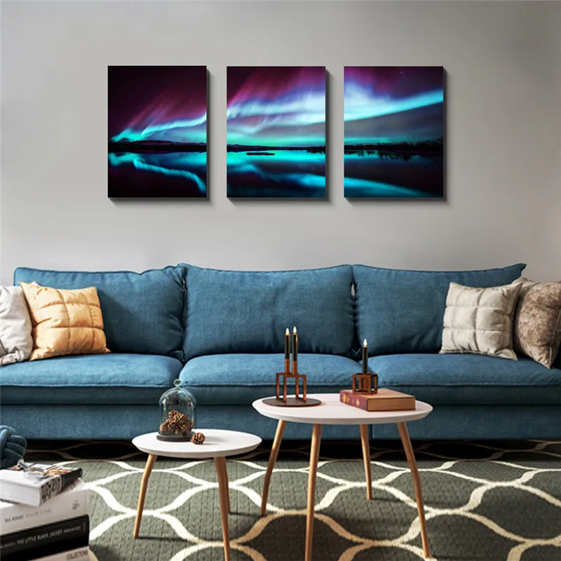 

3 Pieces Framed To Hang Polar Light Canvas Poster Decoration Painting Print Nature Landscape Wall Art Modern Home Decoration