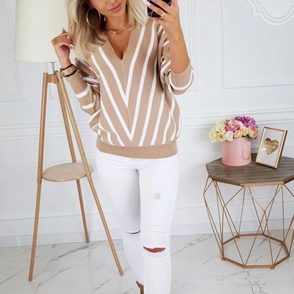 Повседневный свитер в полоску с v-образным вырезом женский джемпер длинным