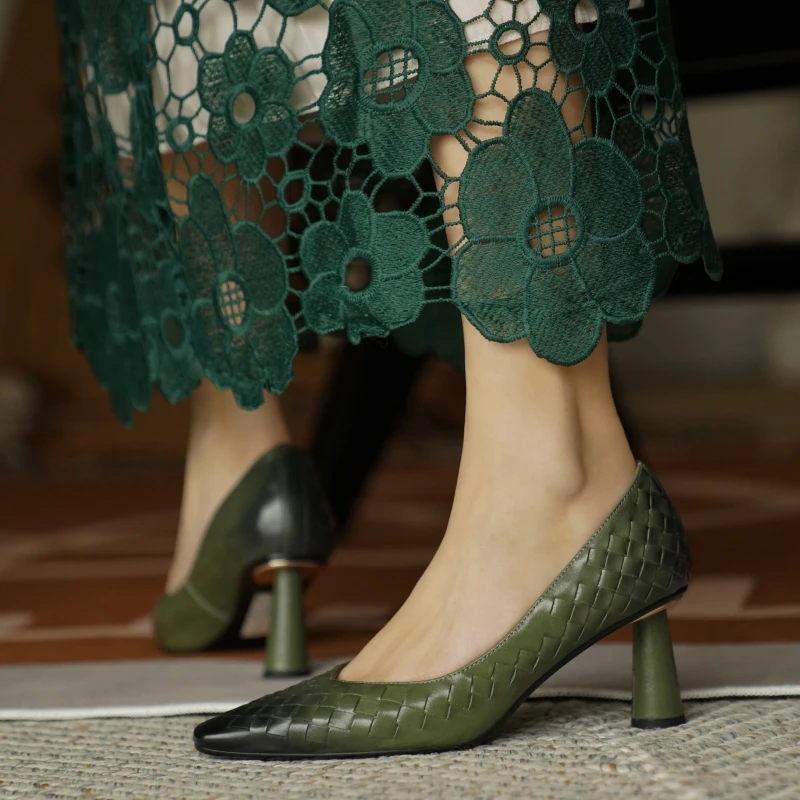 

Genuine Leather High Heels Weave Pumps Sexy Gradients Boat Shoes Dress Shoes Women Pointed Toe Thin Heel Ladies Shoes Spring New