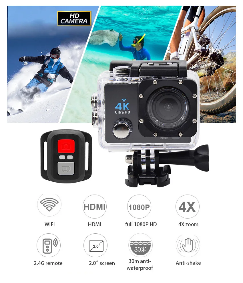 HD 4K Экшн-камера 30 м Водонепроницаемый 2,0 'экран 170D подводный 1080p Спортивная камера go extreme pro wifi камера