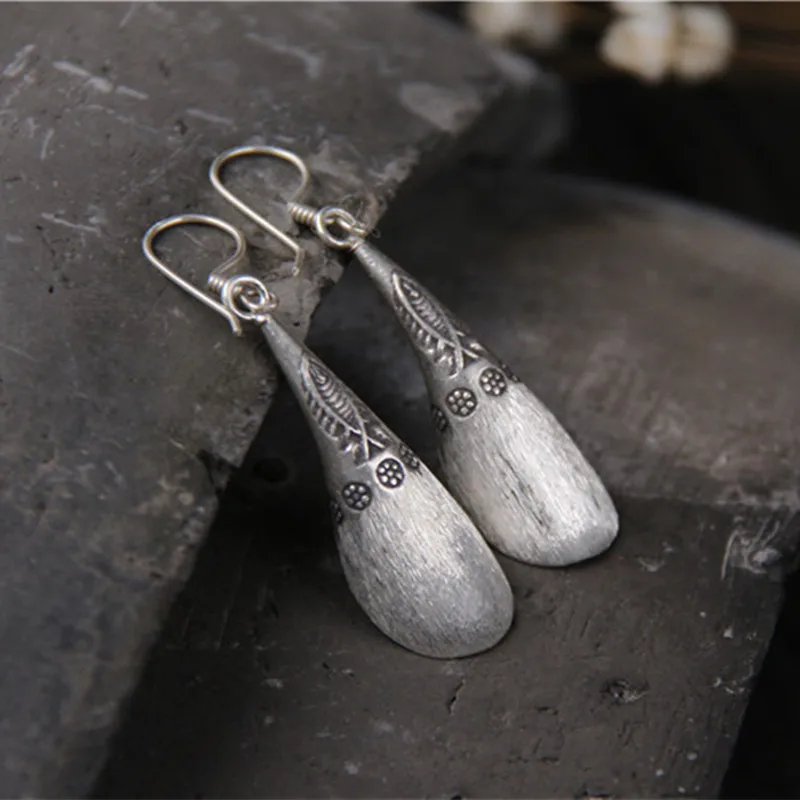 Buyee тайский серебряный Этническая Серьга резной узор Винтаж Стиль щеткой с