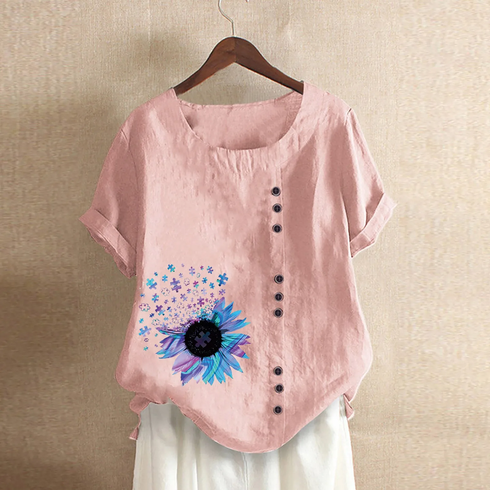 

Summer Shirts Women Fashion Floral Print Short Sleeve O-Neck T-shirts Tops Ladies Plus Size Patchwork Blouse camisetas de mujer