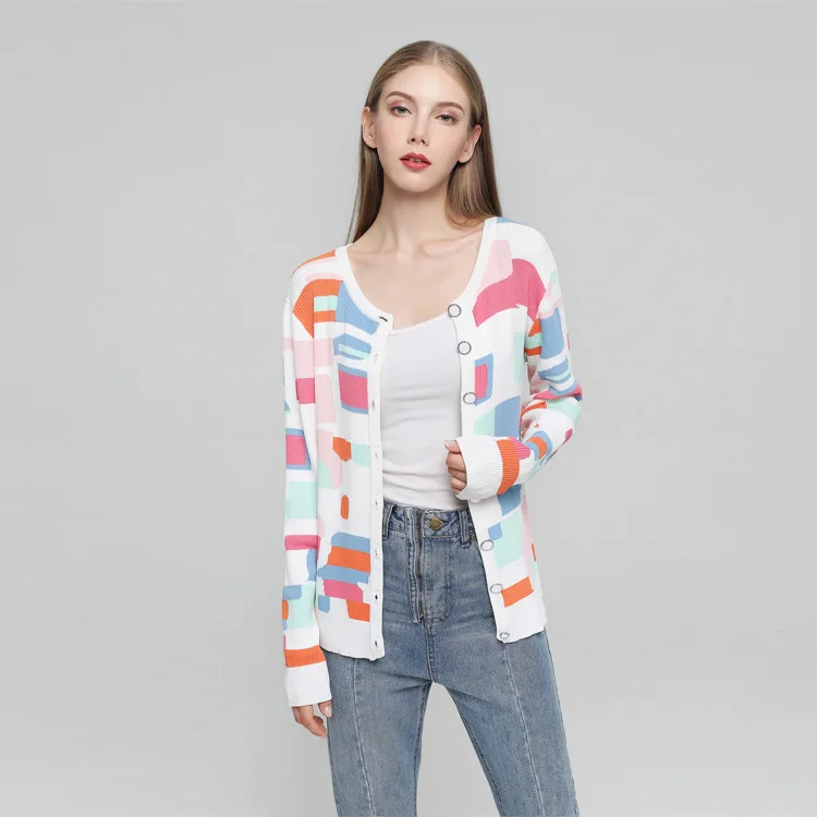 

Новый цветной кардиган с геометрическим узором и длинным рукавом для женщин, летняя одежда