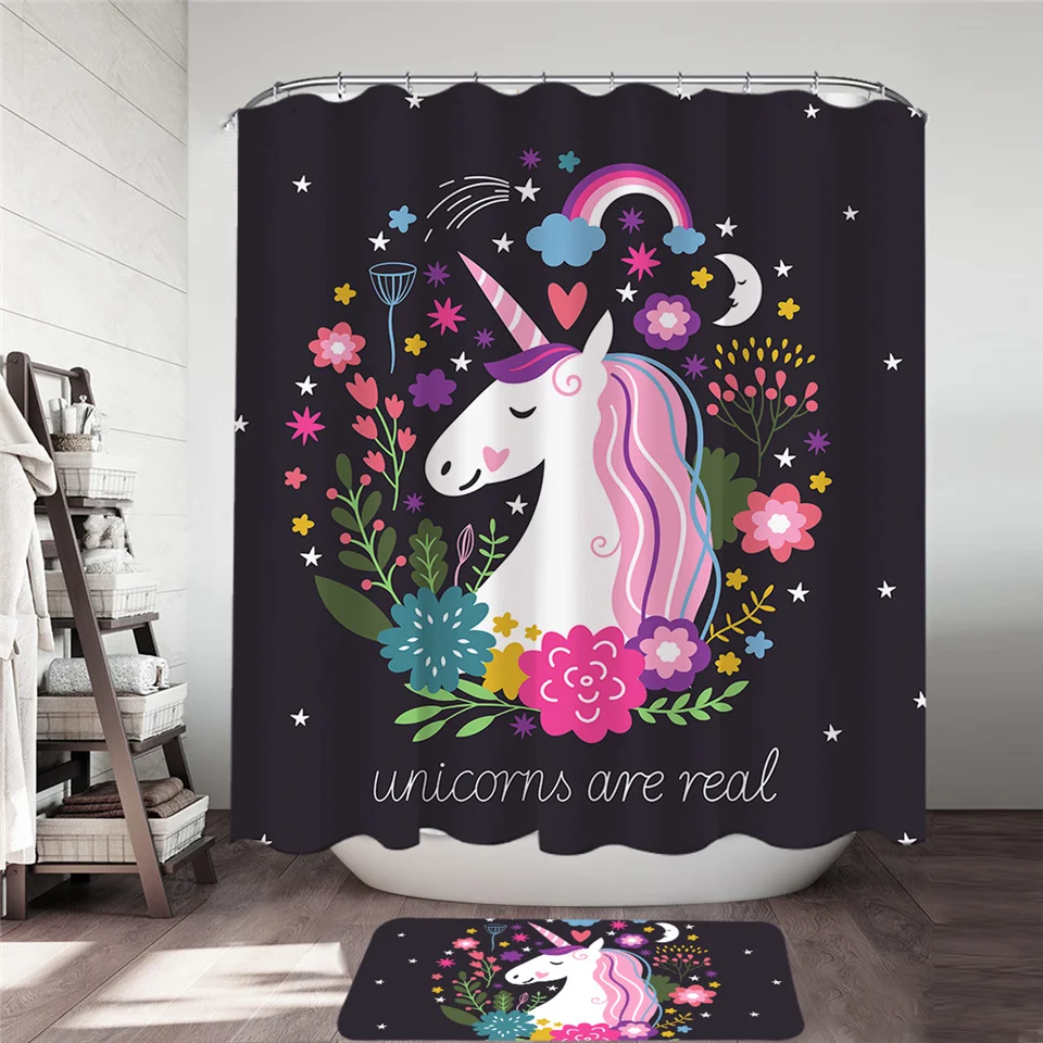 Unicorn2 Постельные принадлежности Outlet Единорог и Роза набор занавесок для душа водонепроницаемый мультфильм для ванной занавески девчачий розовый синий коврик набор 2 шт Декор для ванной комнаты - Цвет: Unicorn2
