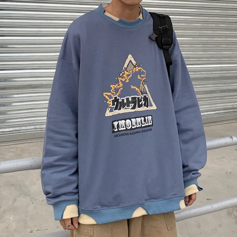 

2020 Spring And Autumn New Youth Popular Couple Fake Two Stitching Small Dinosaur Print Sweatshirt Fashion Casual Pullover M-XL