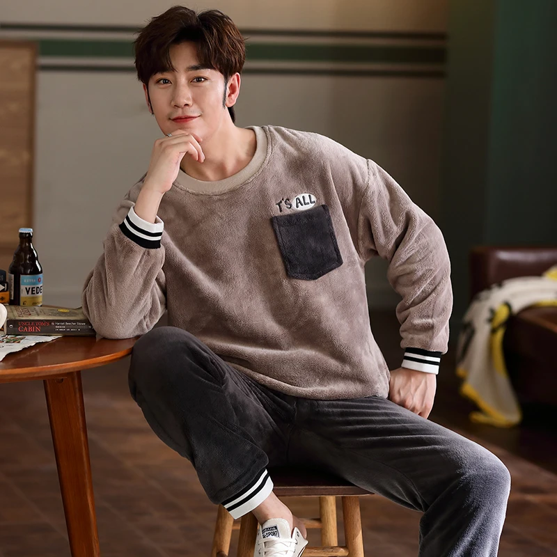 Зимняя Коралловая Флисовая теплая одежда для сна молодых мужчин утепленная