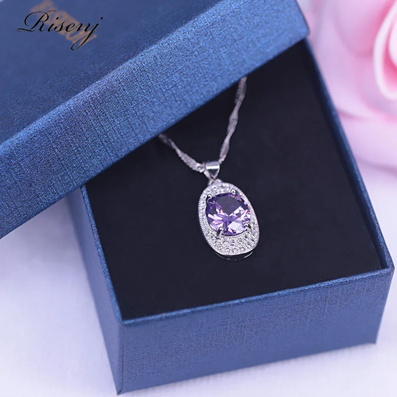 Ожерелье и серьги кольцо серебро 925 пробы Овальный Фиолетовый Циркон аметист