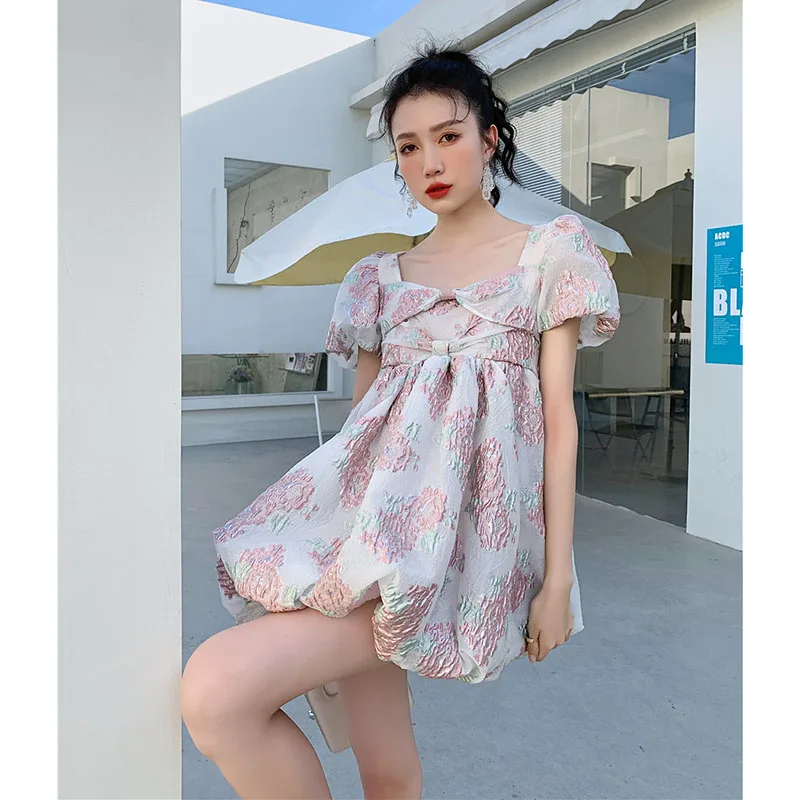 

Square Collar Puff Sleeve Short Sleeve Female Skirt Summer High Quality Ladies New Fashion Casual Bowknot Ball Gown Women Dress