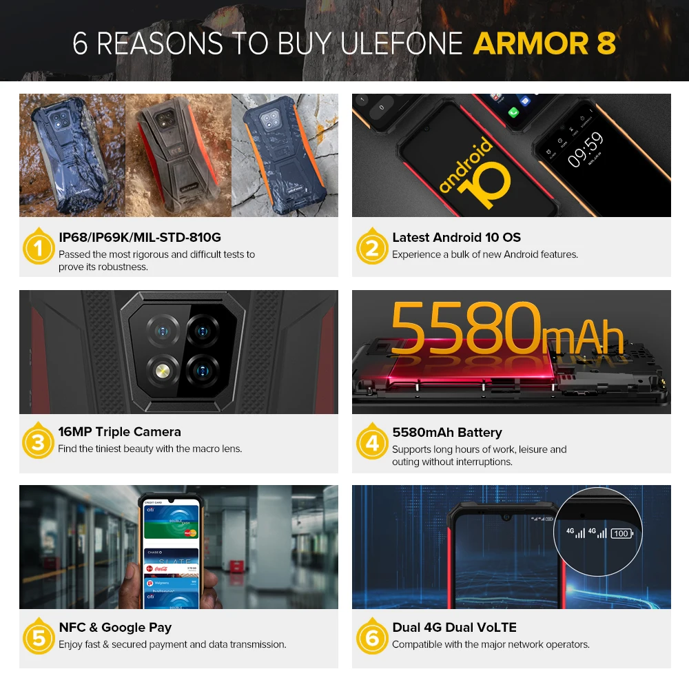 Ulefone Armor 8 Smartphone 5G Wifi Adroid 10 Rugged Mobile Phone Octa-core 6.1 inches Waterproof Helio P60 4GB 64GB CellPhone